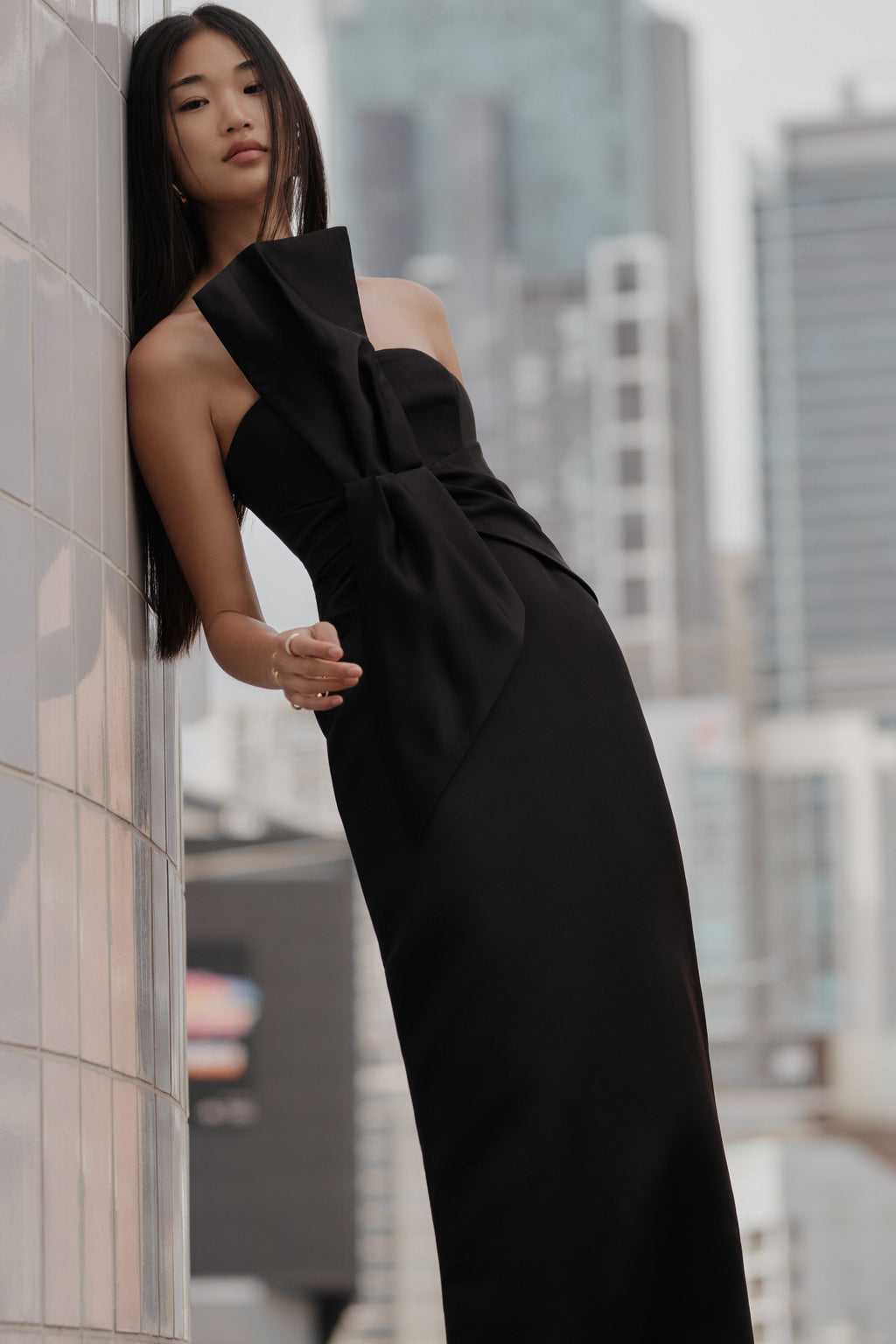Cyrill Strapless Satin Structured Maxi Dress - Black