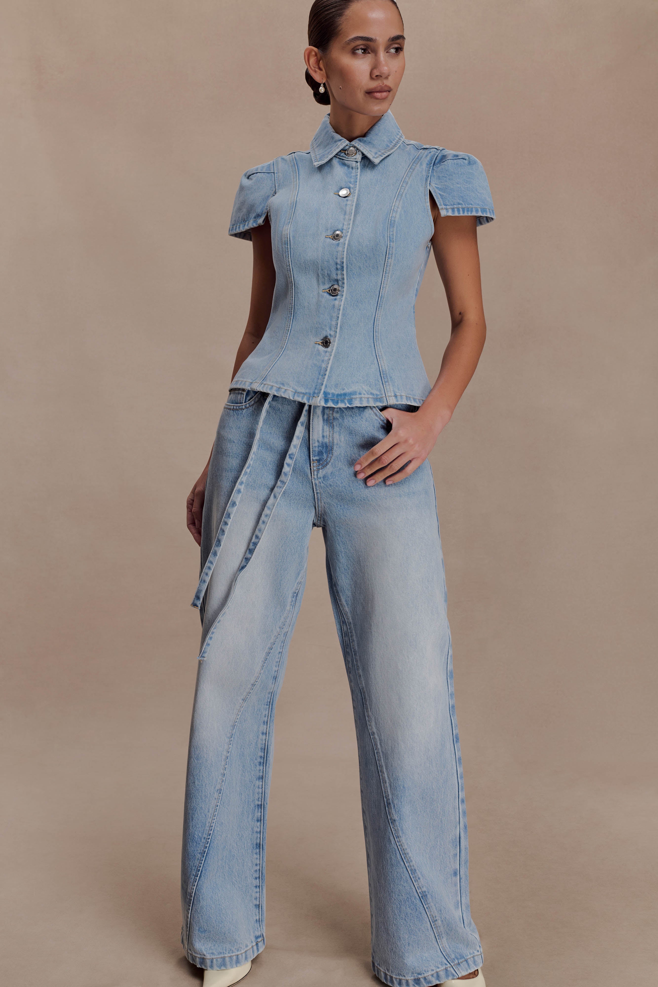 Perrie Mid Rise Straight Leg Tie Jeans - Washed Light Blue