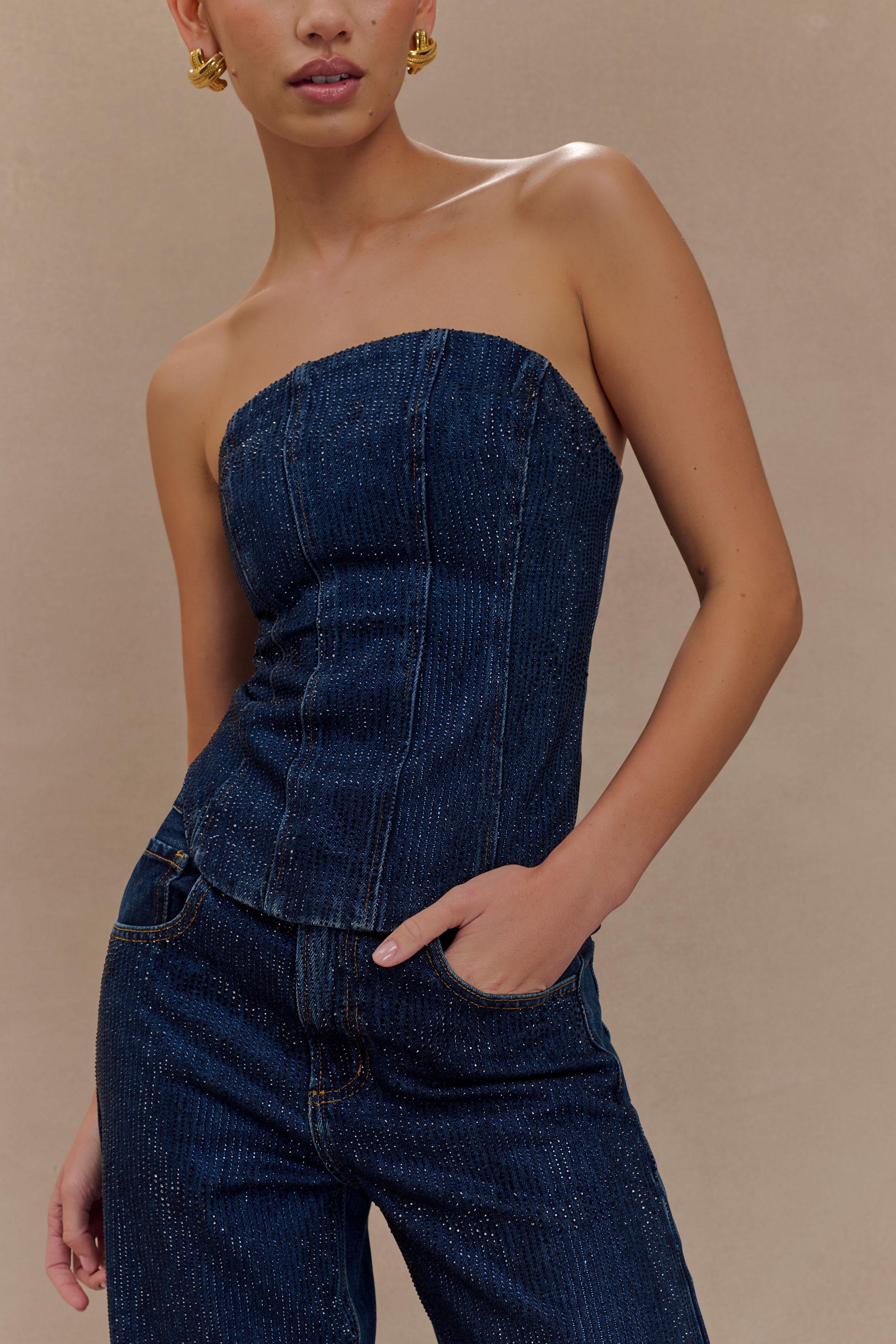 Monte Strapless Diamante Denim Corset - Midnight Blue