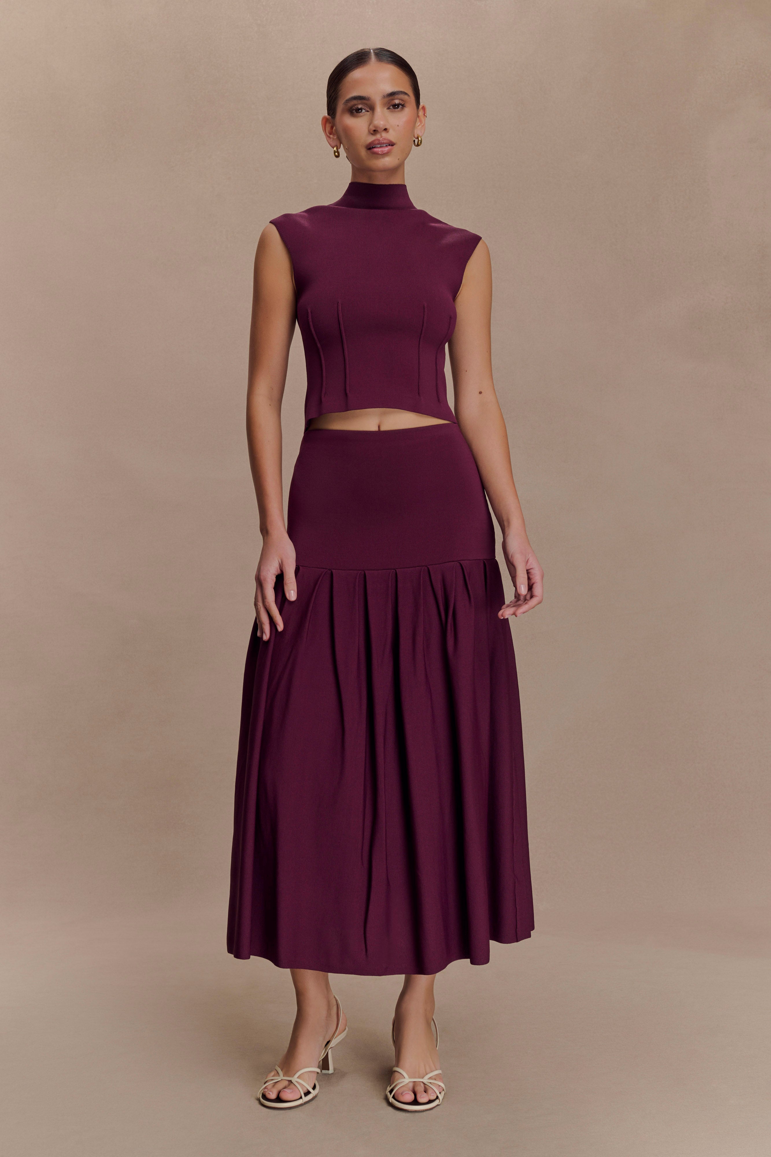 Romaine High Neck Bandage Knit Top - Wine