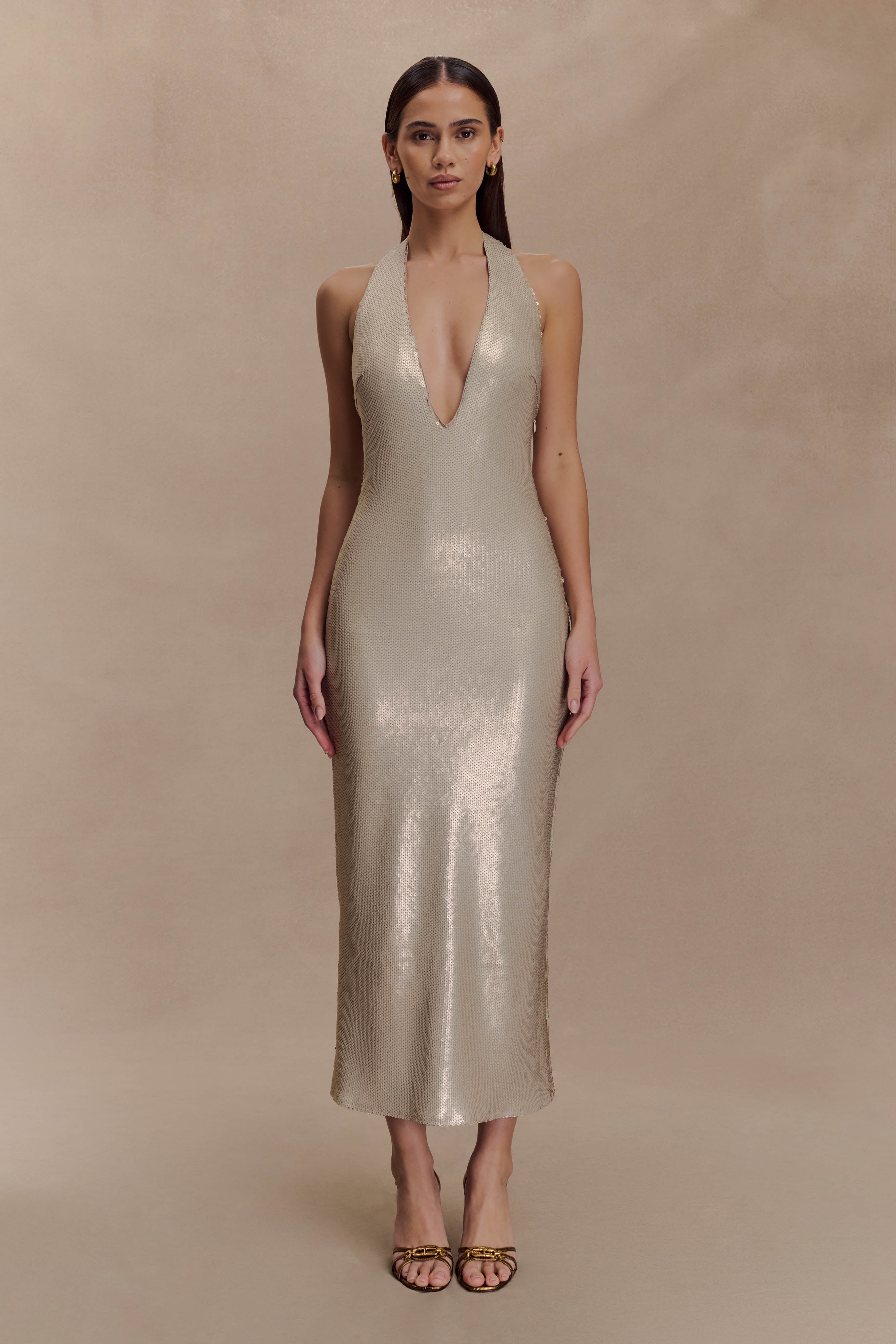 Carnation Sequin Halter Midi Dress - Gold
