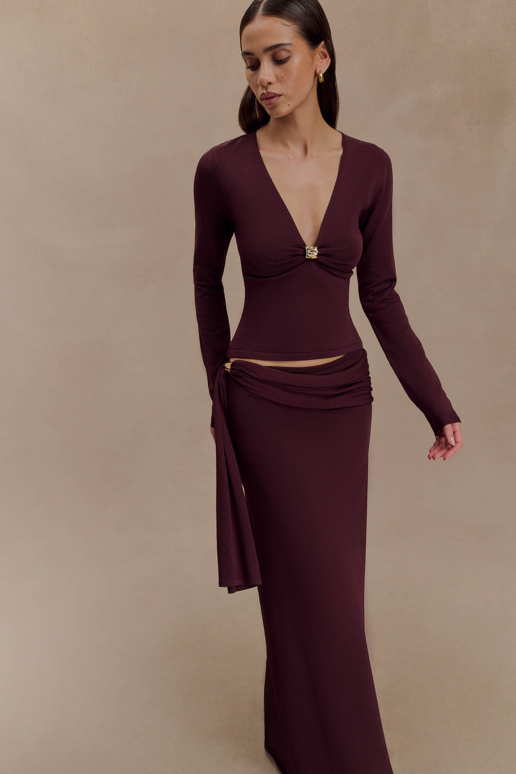 Miraby Front Ruched Knit Long Sleeve Top - Dark Chocolate