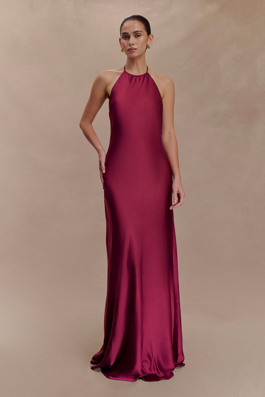 Bella Satin Halter Maxi Dress - Mahogany