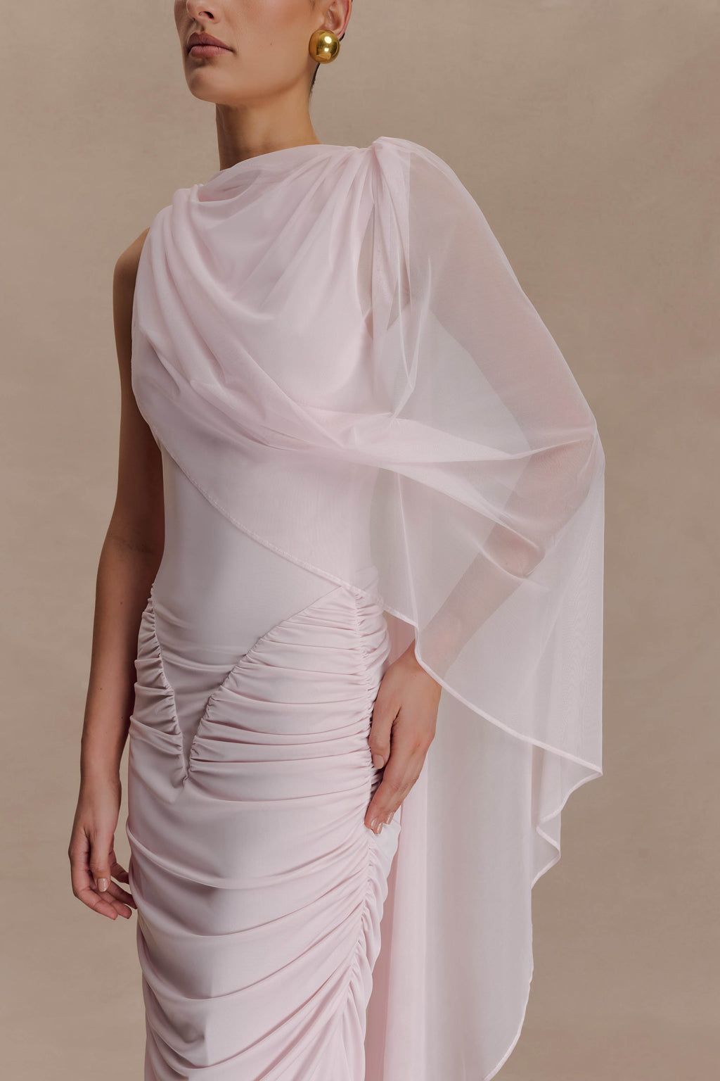 Amandine Ruched Slinky Maxi Dress - Pale Pink