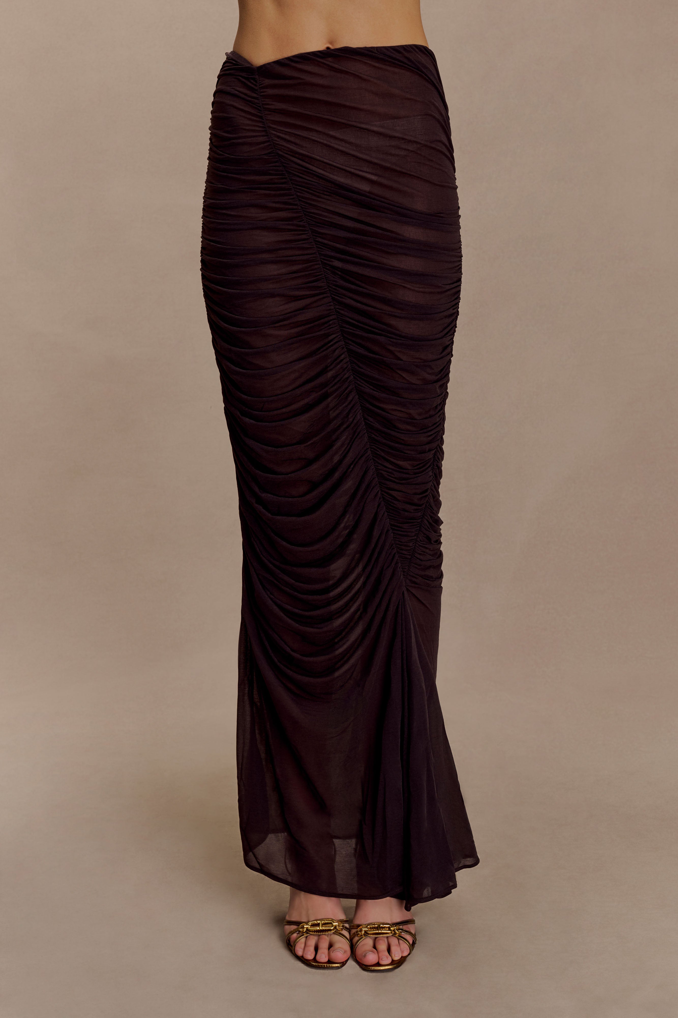 Matilda Ruched Mesh Maxi Skirt - Chocolate
