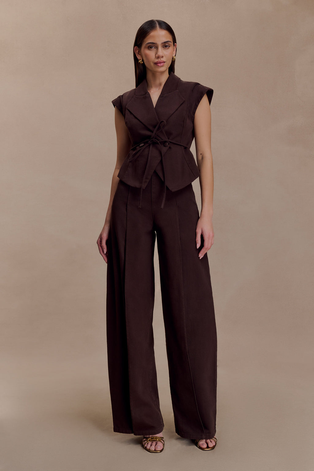 Charley Structured Tie Denim Top - Chocolate