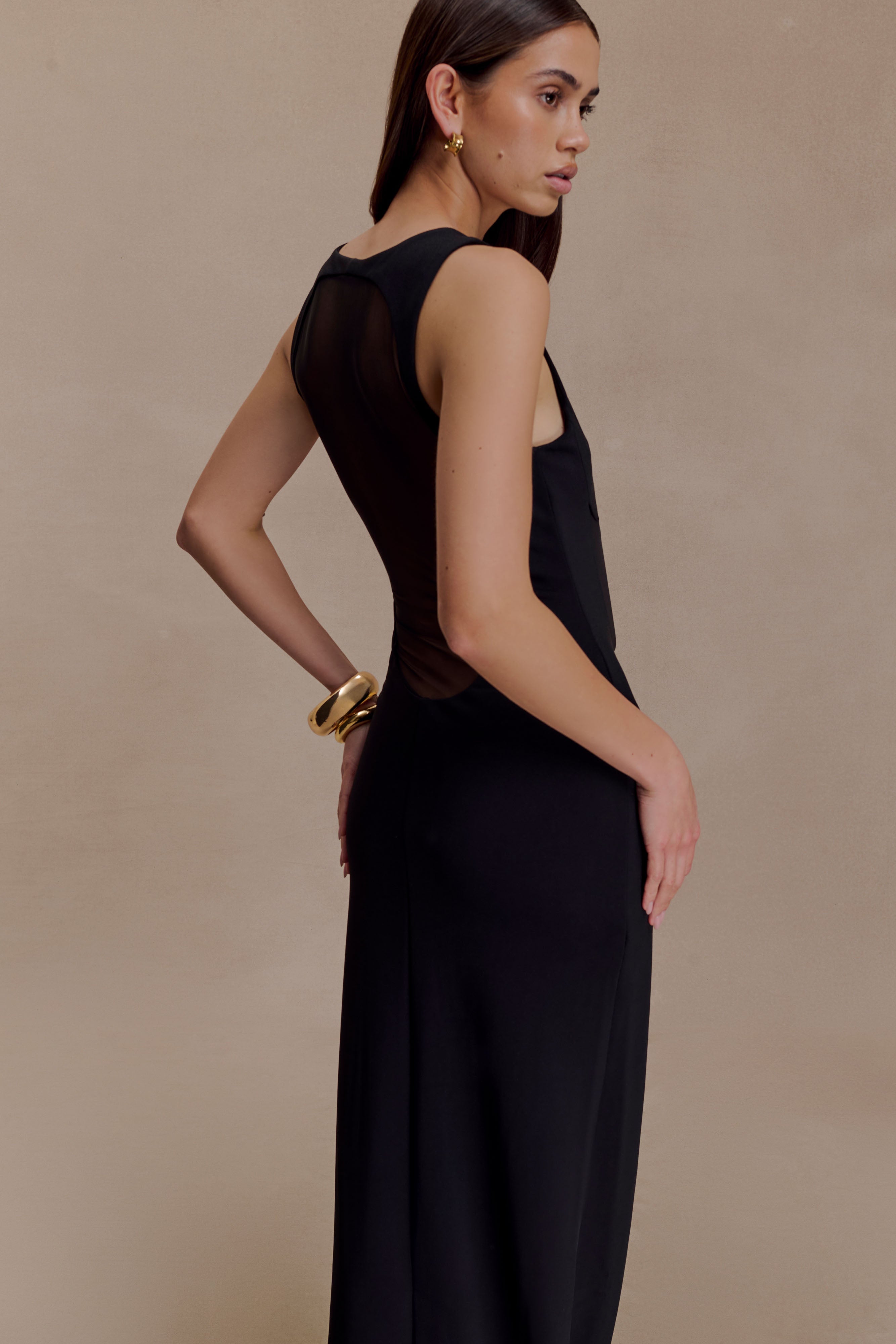 Marlon Crepe And Mesh Maxi Dress - Black