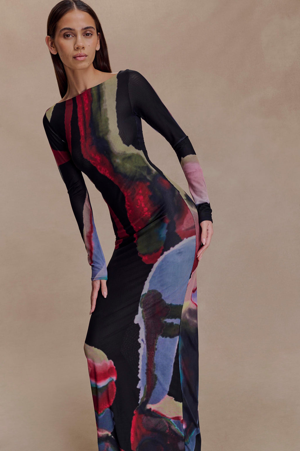 Soraya Long Sleeve Mesh Maxi Dress - Multi Fluid Reverie Print