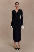 Amirose Ruffle Knit Midi Dress - Black