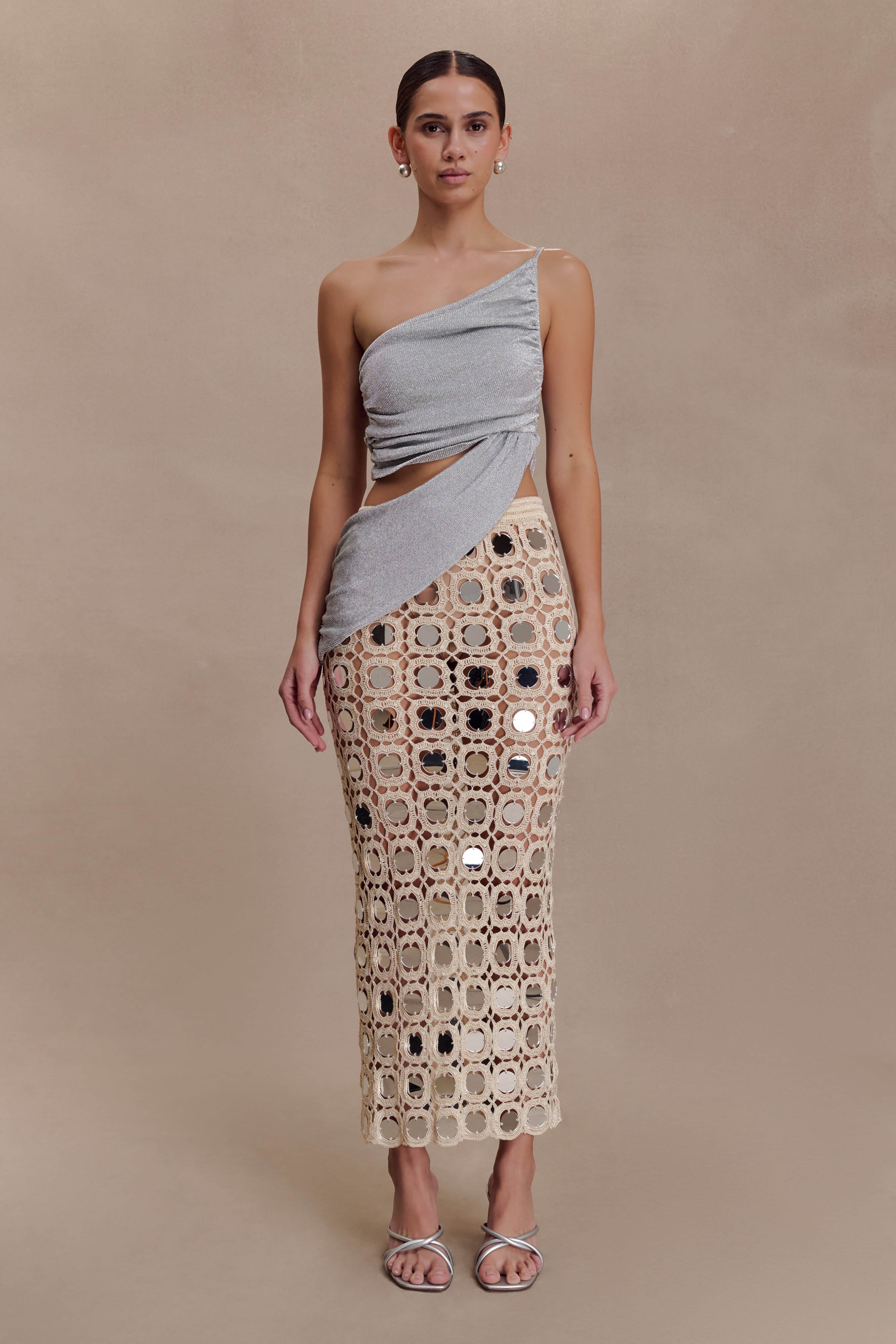 Noel Mirror Knit Midi Skirt - Beige