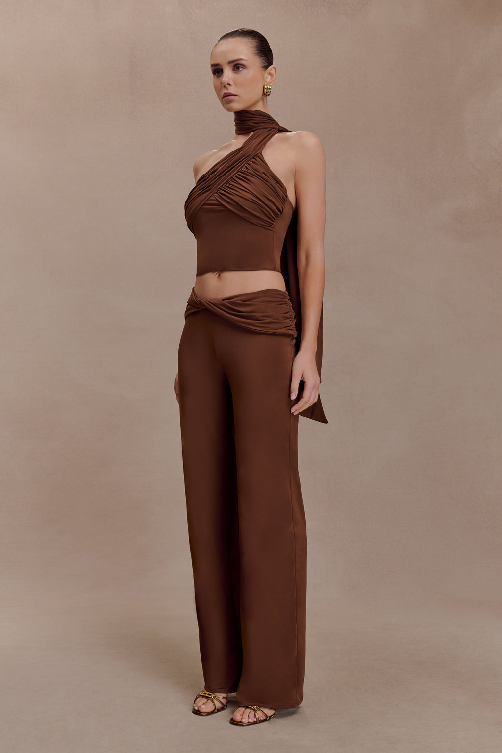 Lydia Slinky Asymmetrical Halter Top - Chocolate
