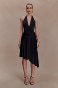 Zelda Asymmetric Slinky Midi Dress - Black