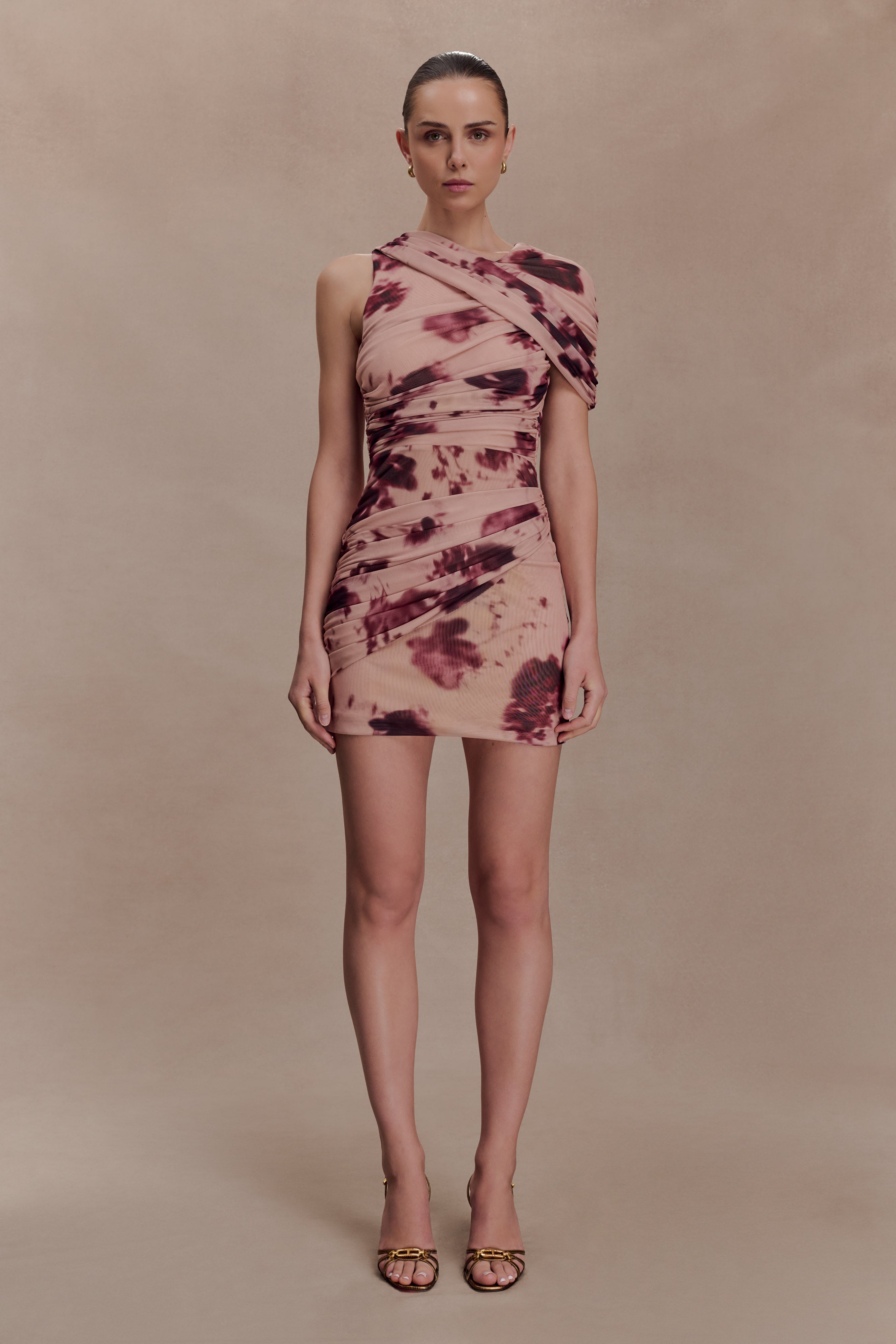 Adrienne One Shoulder Mesh Mini Dress - Nude Blurred Floral Print