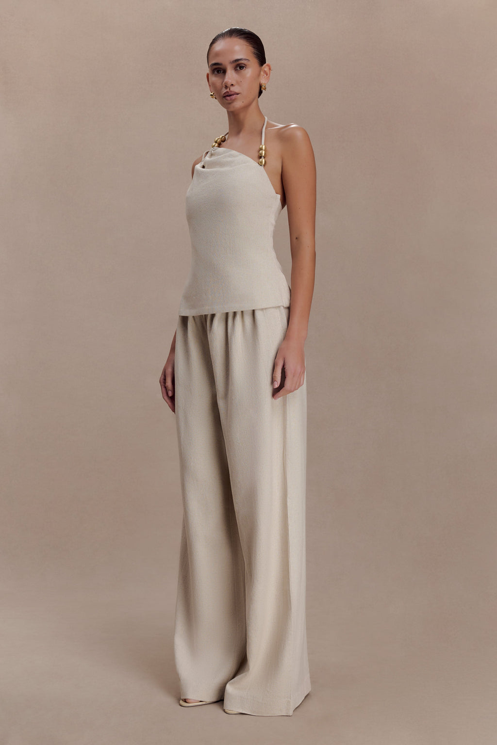 Gabby Asymmetrical Neckline Linen Beaded Top - Natural