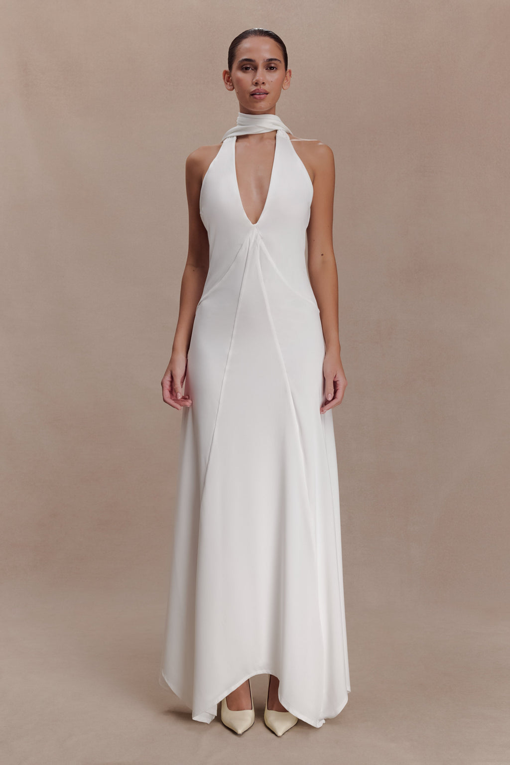 Juliet Slinky Maxi Dress With Scarf - White