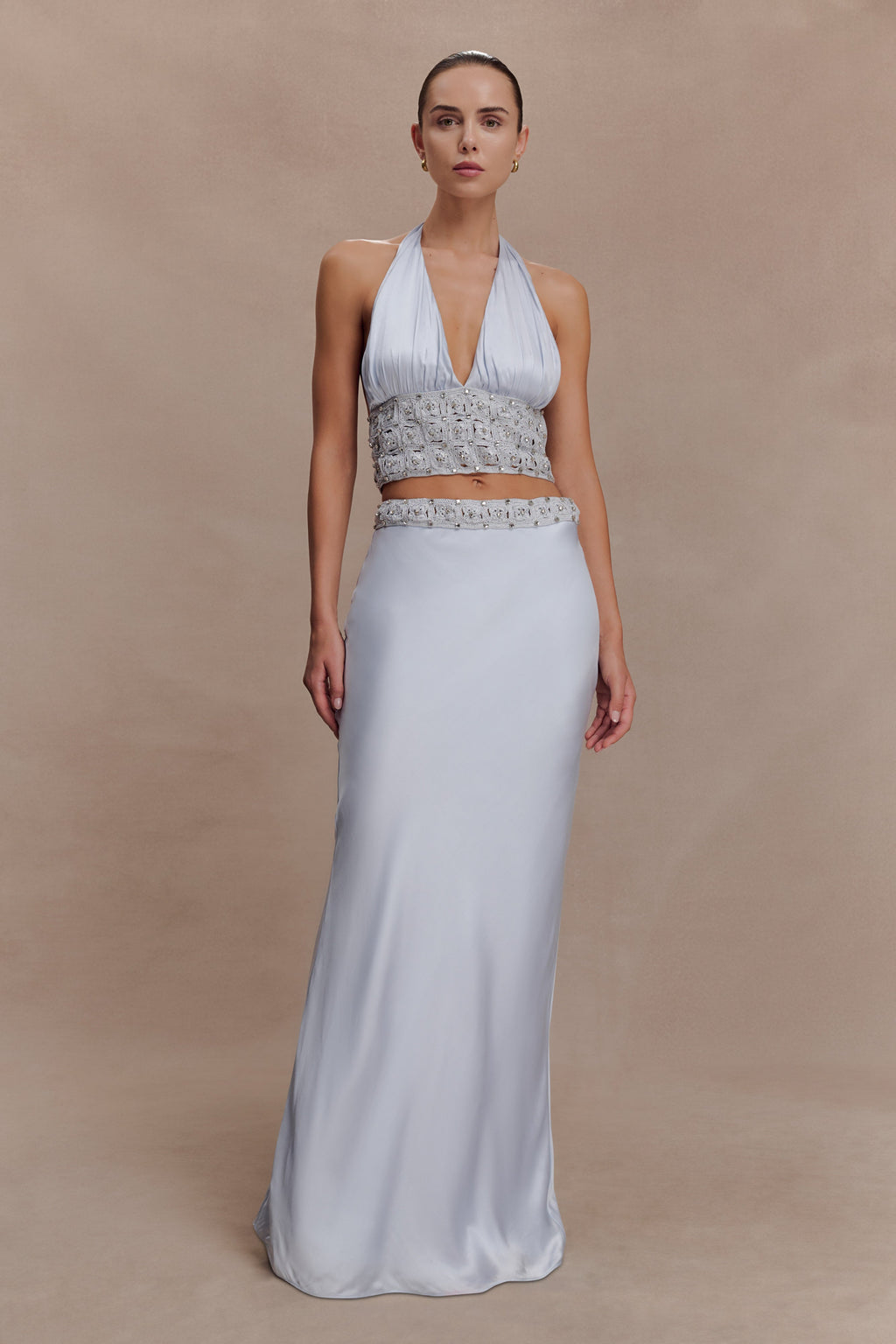 Clementine Chiffon Hand Beaded Top - Pale Blue